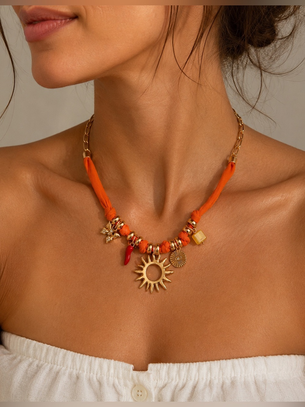 Vintage Orange Cord Necklace with Gold Sun Charm